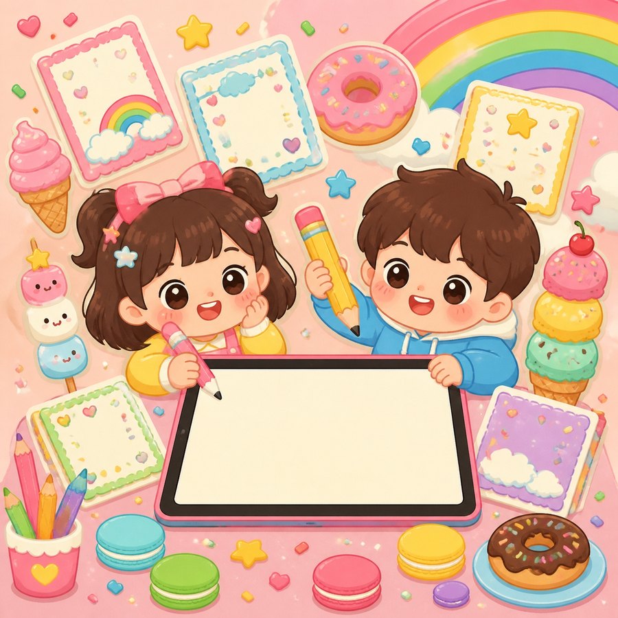 태블릿으로 초대장을 함께 만드는 친구들 일러스트