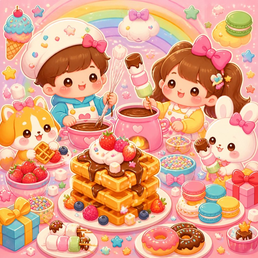 와플과 마시멜로 간식을 함께 만드는 친구들 일러스트
