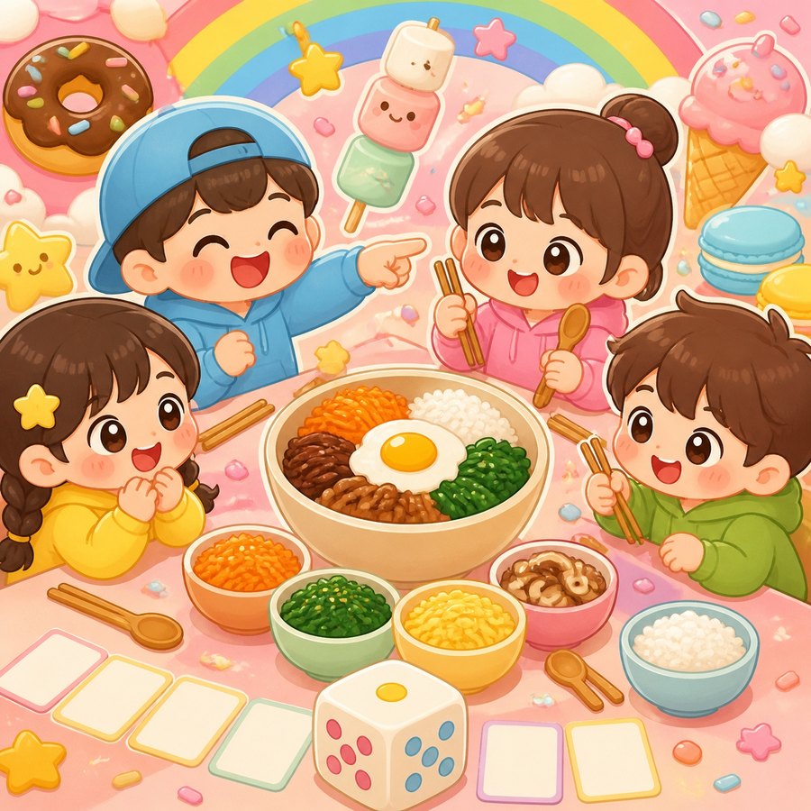 비빔밥 재료 게임을 하며 웃는 친구들 일러스트